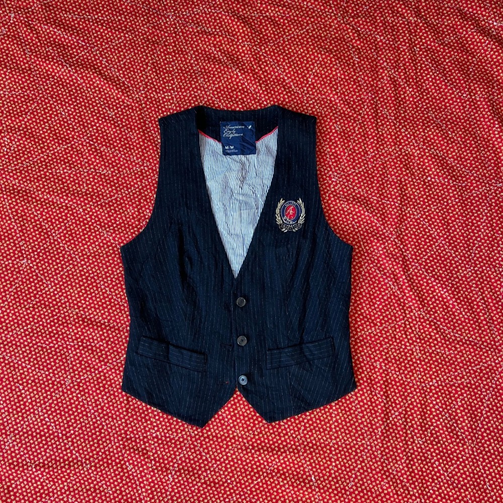 American Eagle Outfitters black Pinstripe Crest Vest Women Medium Dark Academia